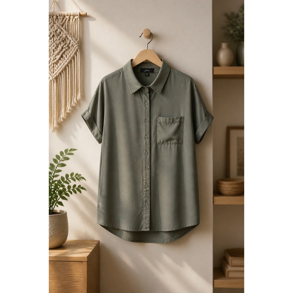 Lulus Short Sleeve Button Down Shirt S Olive Green Excellent